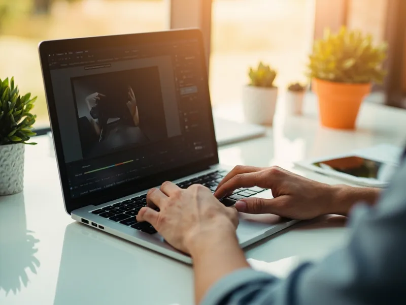 Photo of someone editing images on a laptop in a browser, with files staying on the device